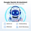 Google Gemini AI-assistent robot met icoontjes voor Gemini Live, Beeldanalyse, Contentcreatie en Vertaling.