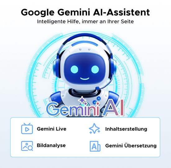 Google Gemini AI-assistent robot met icoontjes voor Gemini Live, Beeldanalyse, Contentcreatie en Vertaling.