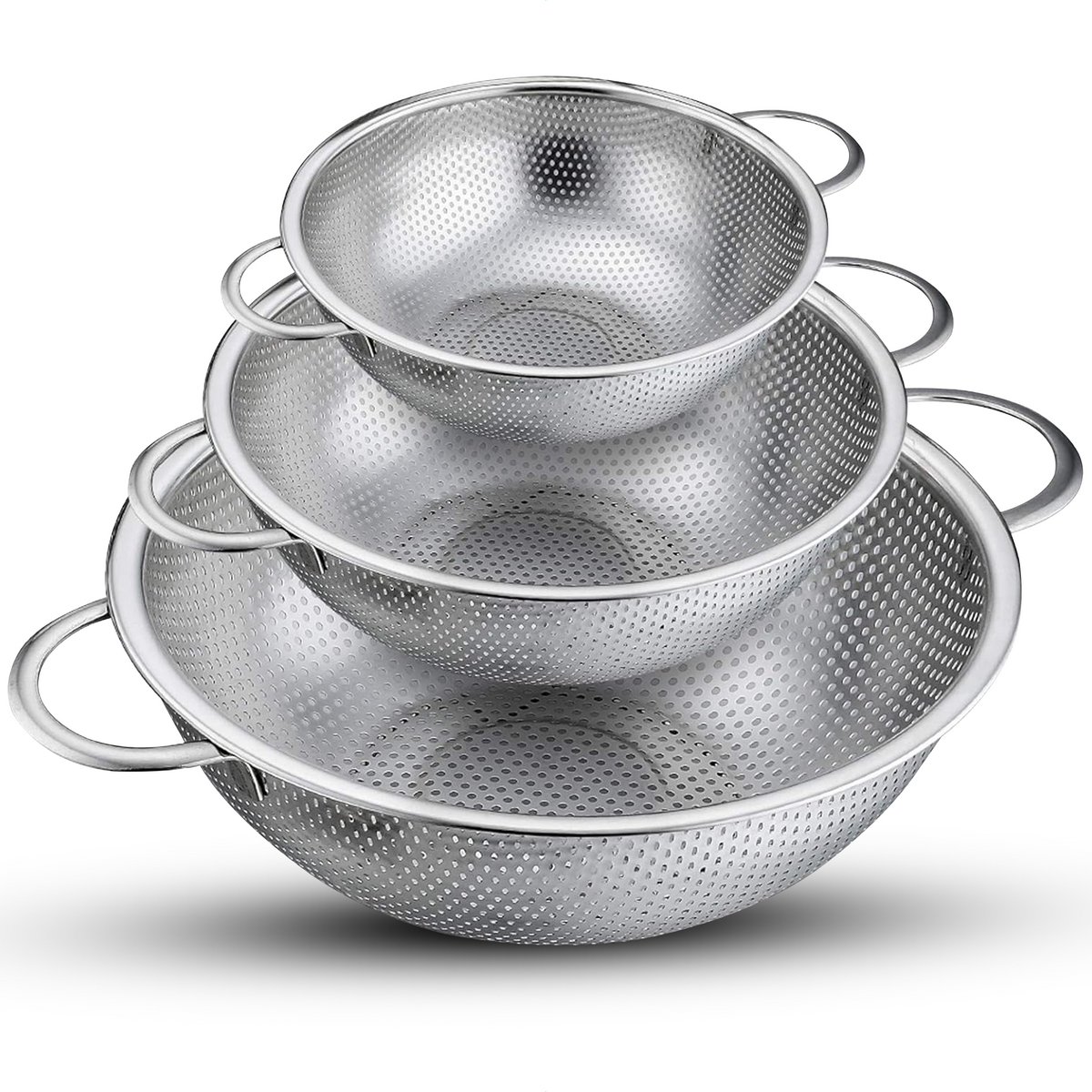 HI NATURE™ Vergieten - Vergiet RVS 3-delige set - Ø29cm/Ø23cm/Ø17cm Fijnmazig - Zeef - Roestvrij Staal - Geschikt voor het Wassen van Rijst-Groenten en Fruit | Vaatwasbestendig - Hittebestendig | Makkelijk Opbergen (Zilver)