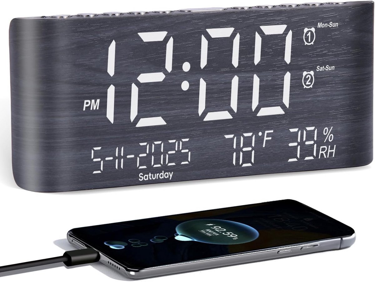 Digitale Houten Wekker met Snooze, Datum, Temperatuur & USB Oplader