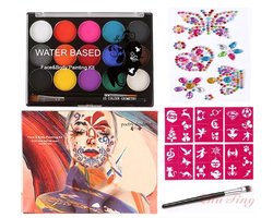 Schminkset Kinderen-Veilig Schmink Kinderen -15 kleuren & 3 penselen & 6 sjablonen & diamantstickers op waterbasis- veiligheidscertificering- Schminkset - Make up Kinderen - Face paint palette - Grime Schmink palet - Kinderschmink voor mooi grimas
