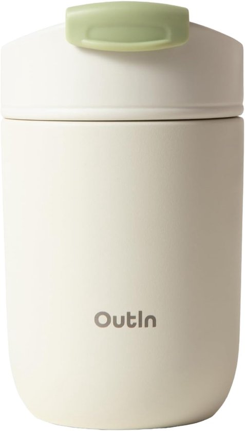 Thermos OutIn crème avec un fermoir vert sur le couvercle.