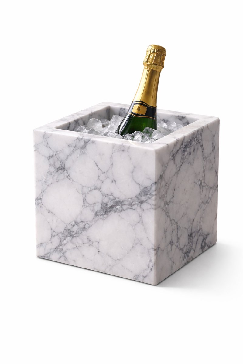 Luxe Marmeren Champagnekoeler – Carrara Marmer – Vierkante Wijnkoeler – 25x25 cm – Design Koelemmer