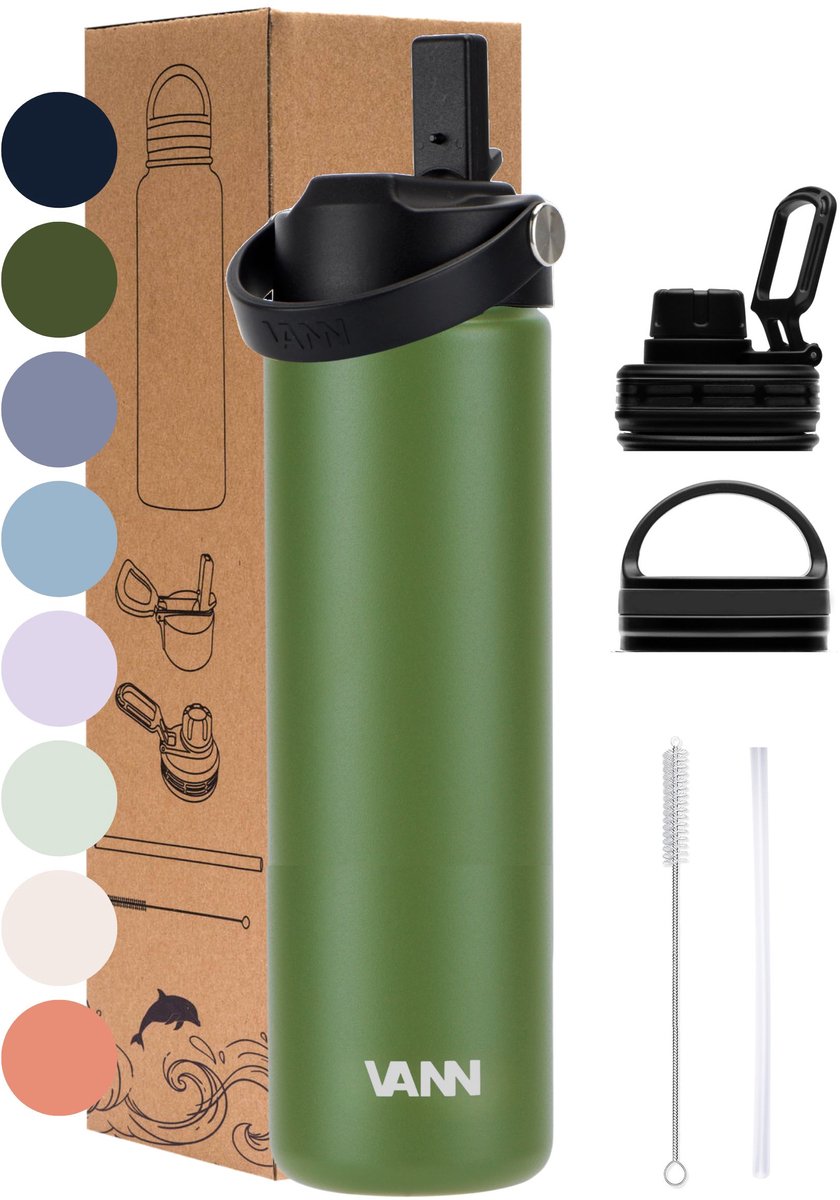 VANN® 3-Wandige RVS Drinkfles 650 ML met rietje voor volwassenen – Met 5 accessoires – Thermosfles – 24 uur koud/12 uur warm – Groen – VANN Ultimate Bottle®