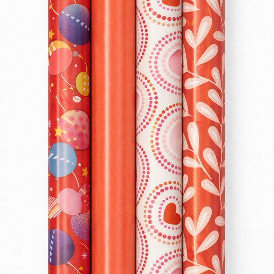 Cadeaupapier – “Warm Valentine” – (4 STUKS) – 200 × 70 cm – Rood, Roze & Warm Oranje – Hartjes & Grafische Prints – Inpakpapier – Valentijn – Liefdevol Cadeaupapier