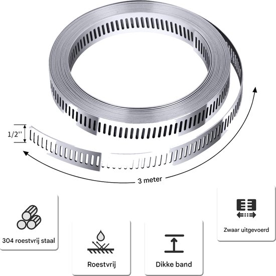 QTTVBTNA RVS Slangklem Assortiment - 3 m Metalen Spanband + 8 Verstelbare Klemmen - DIY Wormschroef Slangklemmen voor Leidingen & Kanalen van Merkloos — afbeelding 3