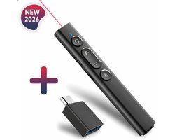Draadloze Presenter - Presentatie klikker - Wireless Presenter - Powerpoint afstandsbediening - Laser Pointer - Inclusief USB - C Adapter & Opberg zakje - Draadloos - USB - Zwart
