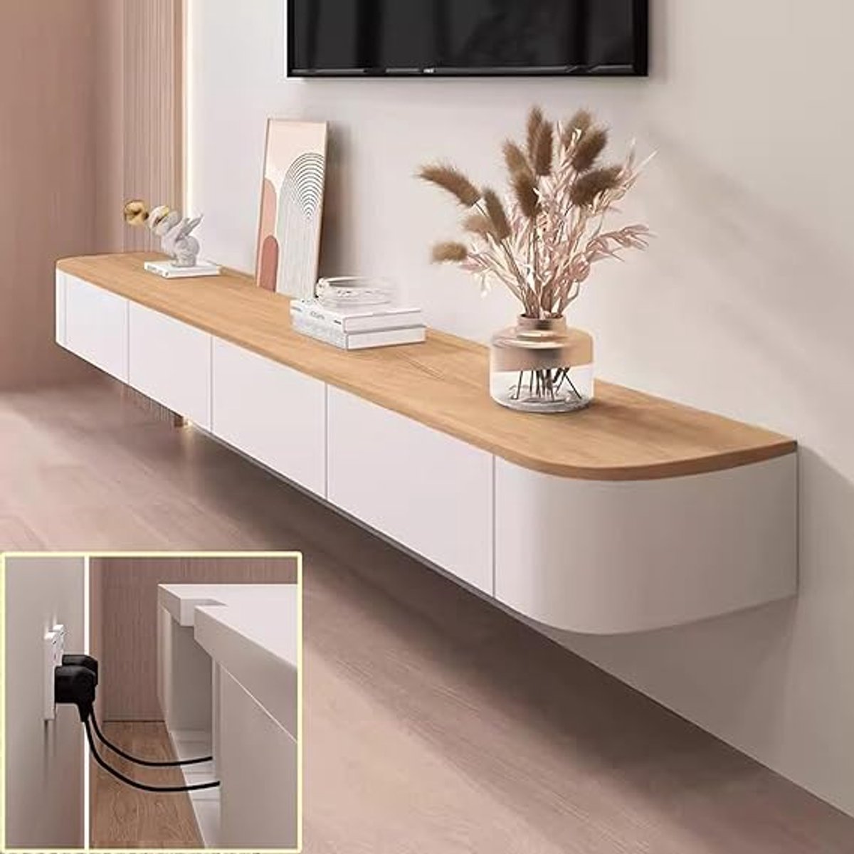 Zwevend TV Meubel Wandmontage met Lades – Floating TV Kast 160 cm met Kabeldoorvoer & Opbergruimte – Wit/Bruin – House&Garden