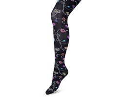Bonnie Doon Bloemen Panty 80 Denier Zwart Dames maat S/M - Bloemen Print - Gladde Naden - Maximaal Draagcomfort - Floral Tights - Chique Panty - Feestelijk - Gebloemd - Kleurrijk - Bloemenprint - Black - BP221906.101