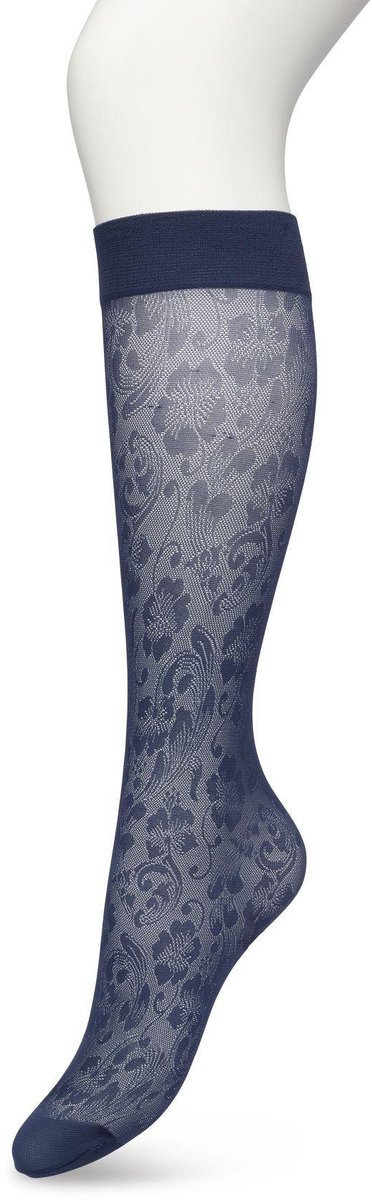 Bonnie Doon Dames Bloemen Panty Kniekousen Donker Blauw maat 36/42 - Knie Kousen 20 denier - Gebloemd - Bloemen Print - Uitstekend draagcomfort - Fancy Flower Knee High - Kniesokken - Zakt niet af - OEKO-TEX - Donkerblauw - Navy - BP221803.102