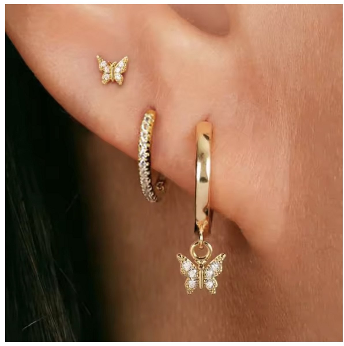 Maevi® Vlinder Oorbellen Set 3 Stuks - Kleur: Goud - 18K Verguld - Hoge Kwaliteit - Meerdere Oorbelgaatjes - Oorbellen / Earrings - Oor Versiering - Luxe Set - Gouden Oorbellen - Meerdere Gaatjes - Cadeau - 18 Karaat - Oorhangers - Butterfly