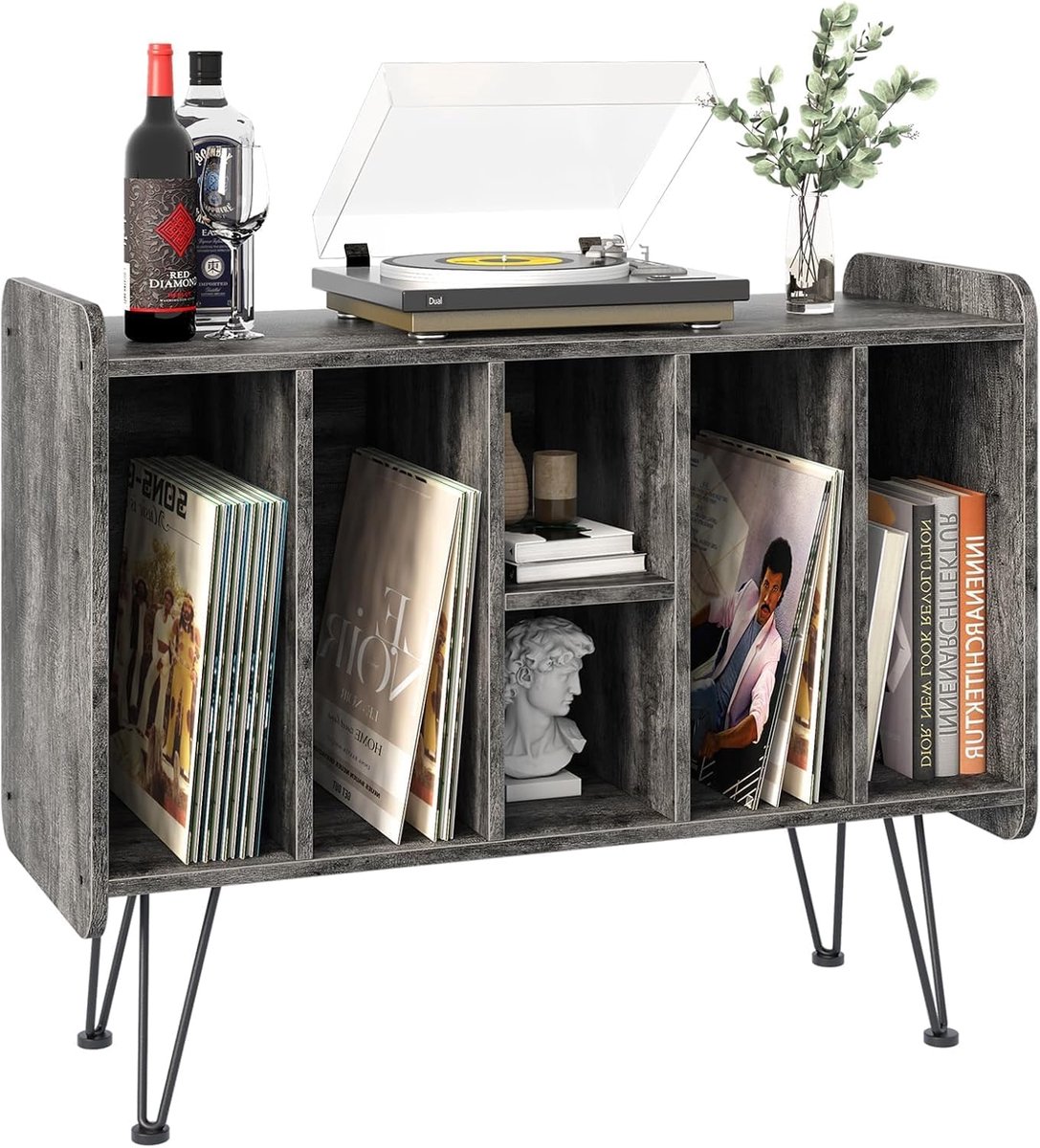 Platenspeler Meubel – Stand Platenspelerstandaard Met Vinyl Opbergsysteem - Grijs