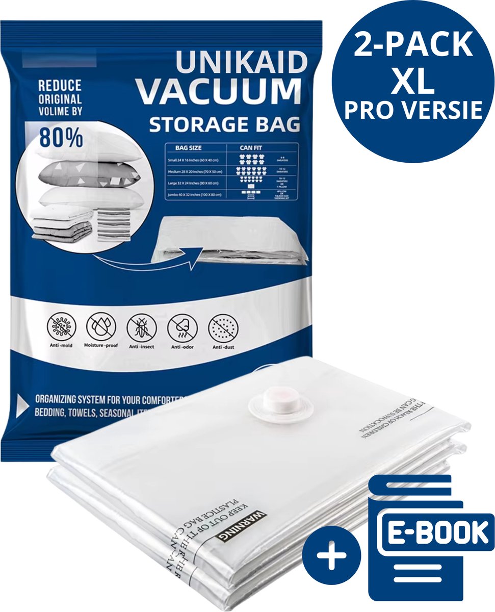 UNIKAID Vacuumzakken Kleding & Dekbedden - 2 XL Vacuum Opbergzakken Incl. E-book