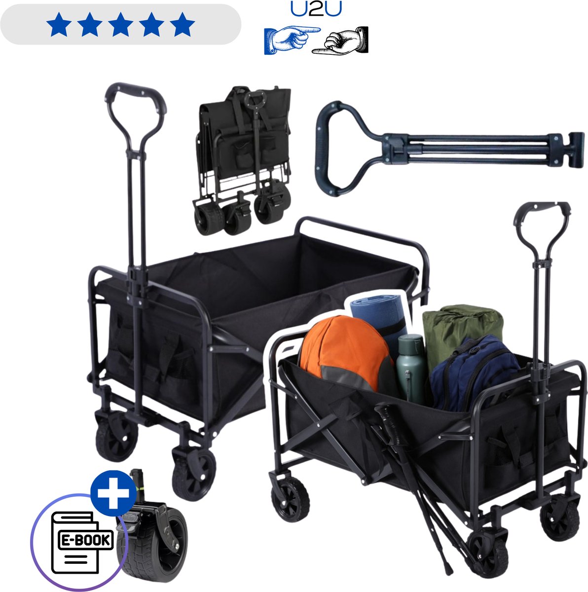 Opvouwbare transportwagen 120 liter zwart, inklapbare strandkar en tuinkar tot 80 kg, stevige bolderkar met 4 wielen, ergonomische handgreep en bekerhouders voor strand tuin boodschappen en camping praktisch en ruimtebesparend Met Ebook