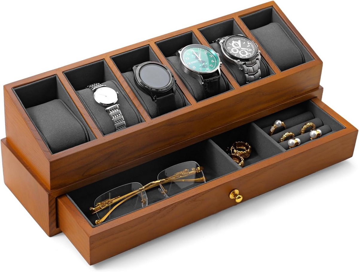 Luxe Houten Horlogebox voor 6 Horloges - Opbergkoffer met Lade Glazen Deksel