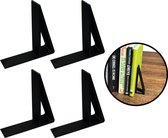 Vier zwarte, driehoekige boekensteunen. Eén boekensteun toont vier boeken.