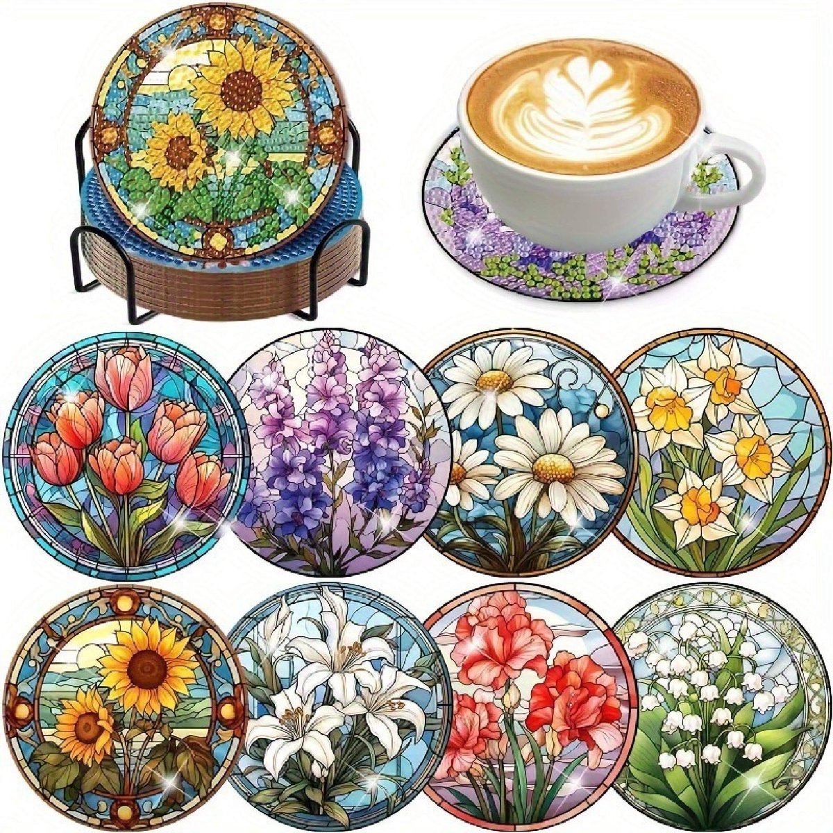 VDTOYS® DIAMOND PAINTING voor volwassenen - bloemen - Onderzetters - Coasters - Onderleggers - Ronde steentjes - 8 stuks - Compleet Hobbypakket - set AO 106 bloemen 7