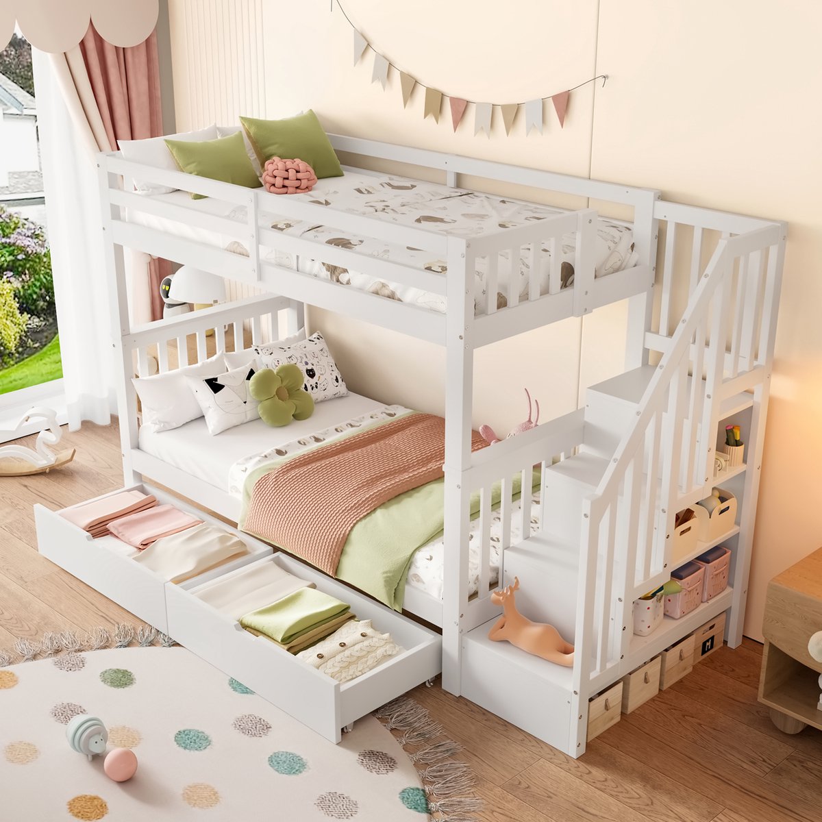 STILVORA Stapelbed 90x200 cm – Kinderstapelbed met Hoge Veiligheidsranden – Trap met 2 Laden en Opbergruimte – Hout+MDF – Wit – Zonder Matras