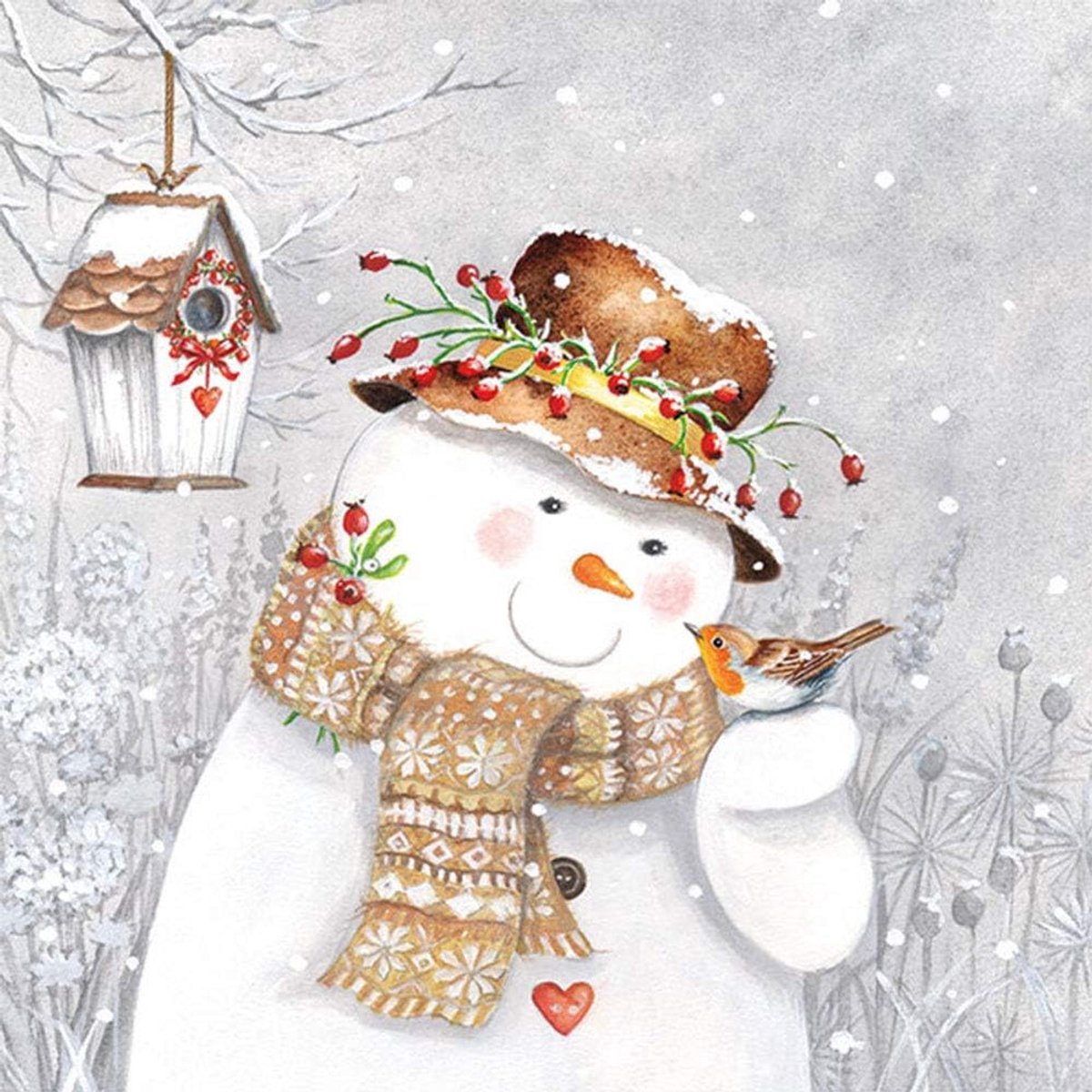 Kerstservetten Sneeuwman met Roodborstje - 20 stuks - 3-laags Papieren Servetten 33x33 cm