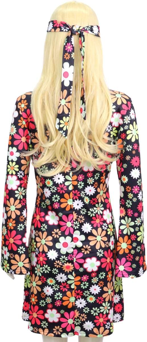 Joya Party® Hippie Verkleedjurk Dames Zwart met Bloemen print | Jaren Flower Power Kostuum | Inclusief Haarband | Verkleedkleding Bloemen Volwassenen | Stretch Stof | Carnaval / Themafeest | — afbeelding 5