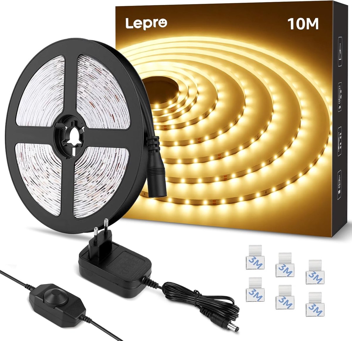 Ledstrip, 10 m, warmwit, 3000 K, dimbaar, 600 leds, 2835 ledstrip, zelfklevend, superhelder, met voeding, lichtketting voor binnen, keuken, thuisdecoratie [Energieklasse G]