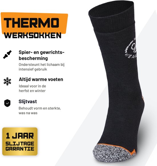 Zwarte thermosokken met verstevigde hiel en teen. Oranje accenten. "THERMO WERKSOKKEN"