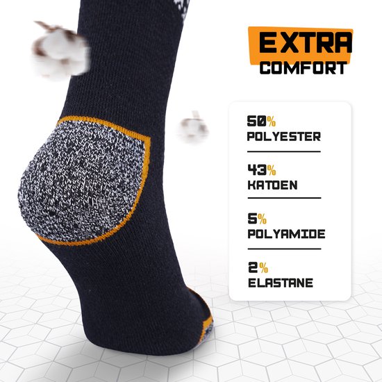 Zwarte werksok met verstevigde hiel en teen, oranje accenten. Compositie: 50% Polyester, 43% Katoen, 5% Polyamide, 2% Elastane. "EXTRA COMFORT"