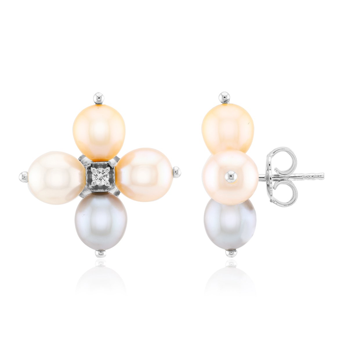 Cavill - Zilveren Oorbellen 925 Sterling Zilver met Oranje Zoetwaterkweekparels 7x6 mm en 0,1 ct Zirconia - Elegante Bloem Design - Luxe Dames Sieraad