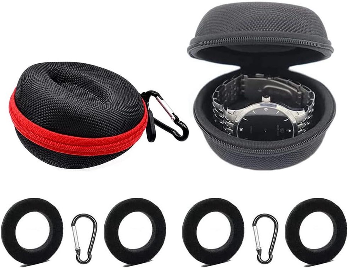 Horlogebox met ritssluiting - Opberghoes horloges - Rond en groot formaat - Reishorlogebox - Met karabijnhaken - Met sponzen - Geschenk voor sieraden - Zwart en rood.