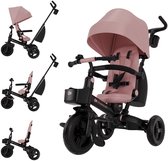 Roze Kinderkraft AVEO 2 PLUS driewieler in vier verschillende standen: ingeklapt, zittend, liggend en met duwstang.