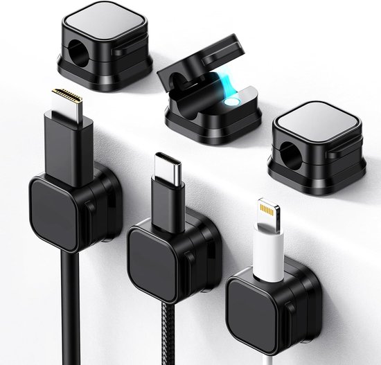6 Pièces Clips de Câble Adhésifs - Fermeture Magnétique - Organiseur de Câble - Support de Câble - Gestion des Câbles - pour Câble de Charge USB, HDMI, Cordon d'Alimentation - Zwart