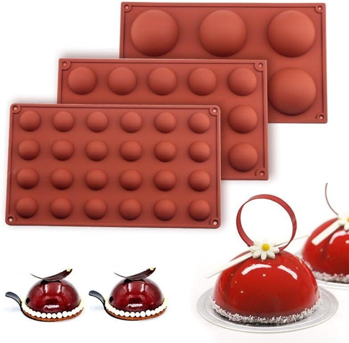 Siliconenvorm - Chocolade Cake Bakvorm - Set van 3 - Halfbolvormig - Gelei Mousse Taartvorm - Geschikt voor Oven - Roze Model