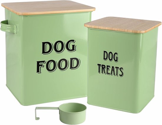 Dierenvoer en traktaties containers set met schep voor katten of honden - beige gepoedercoat koolstofstaal - strakke houten deksels - voorraadblikken - kattenvoer