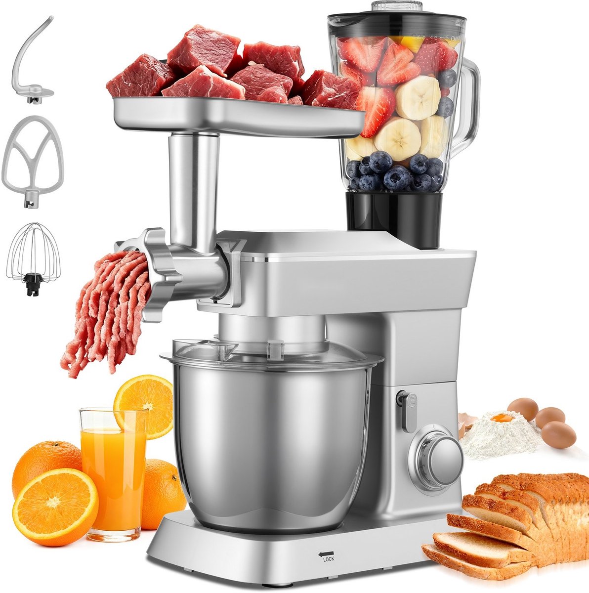 Elektrische Keukenmachine - Keukenmixer - 1300 W Motor - RVS Kom 4,3 L - Extra Mengkom 1,5 L - 6+P Snelheden - Met Deeghaak, Garde En Klopper
