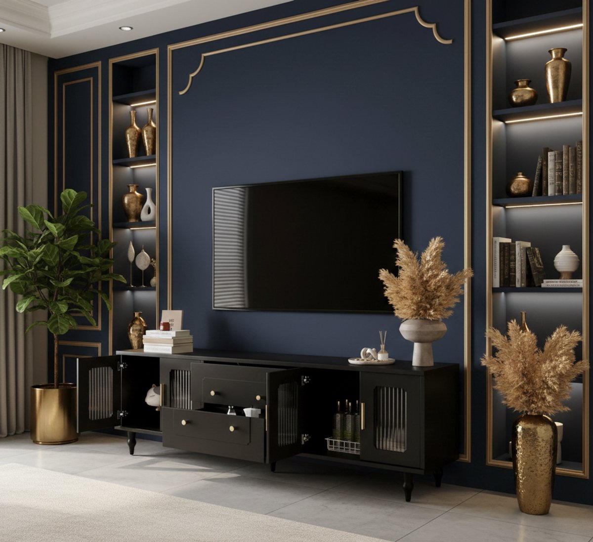 TV Meubel Lowboard 175 cm – Luxe Retro Design met Geribbeld Glas, Gouden Grepen & Metalen Poten – Zwart – House&Garden