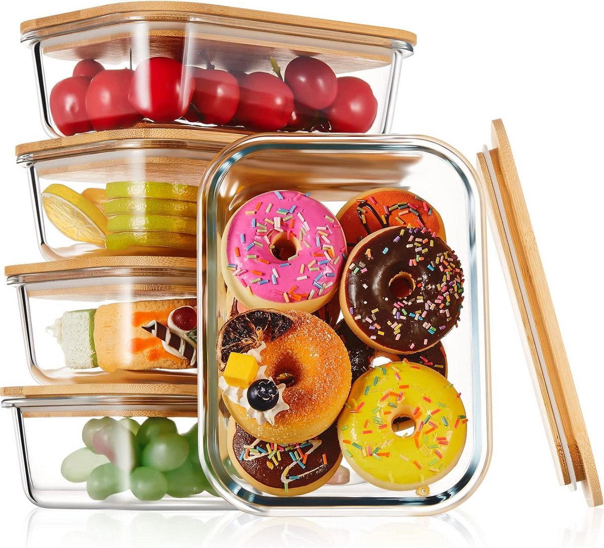 Set van 5 Luchtdichte Glazen Bewaarboxen met Bamboe Deksel, 1040ml, Oven- en Magnetronbestendig
