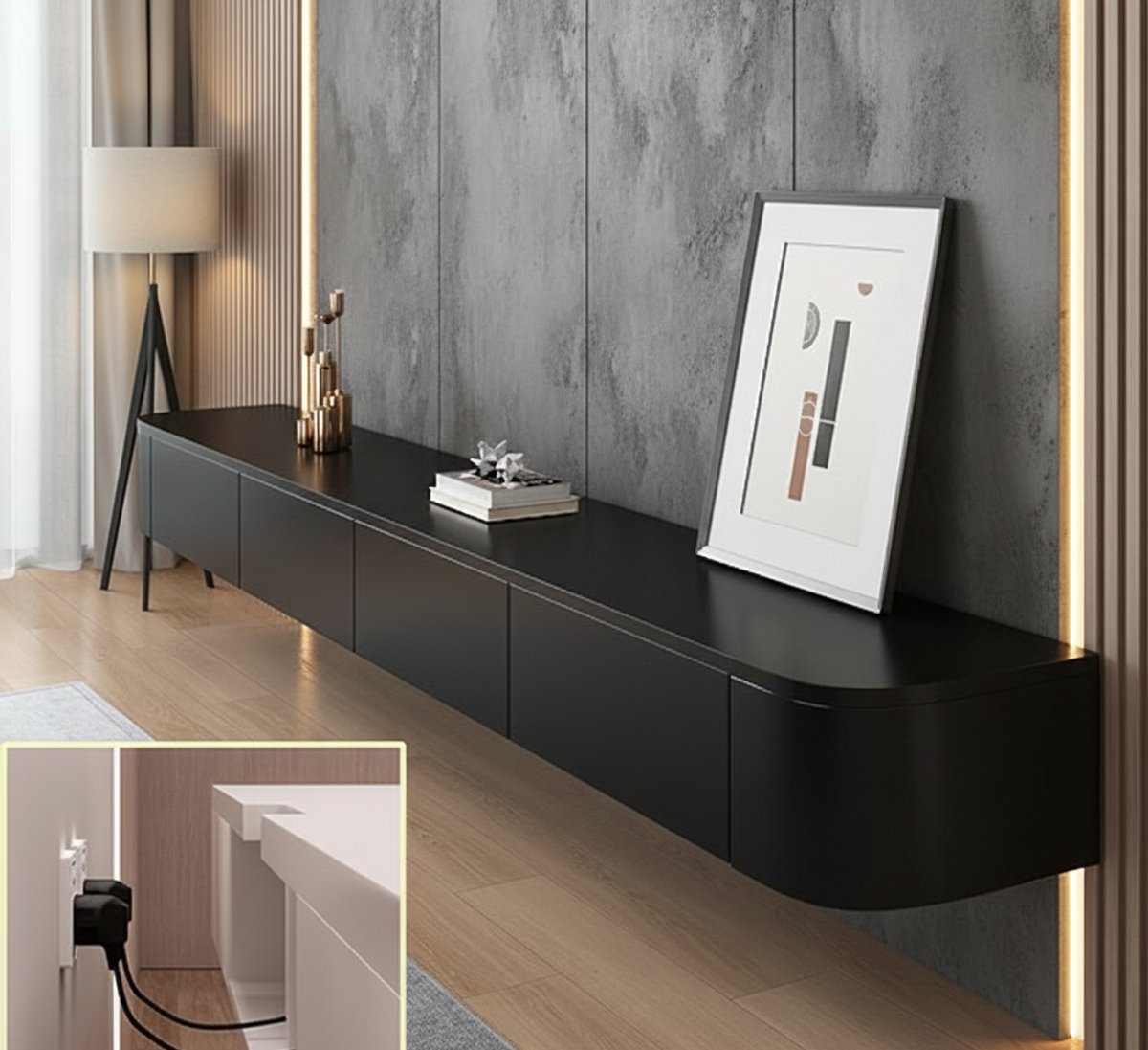 TV Meubel Zwevend – Wandgemonteerde TV Kast met Lades, Kabeldoorvoer & Routerbeugel – 140 cm Zwart Minimalistisch Design – House&Garden