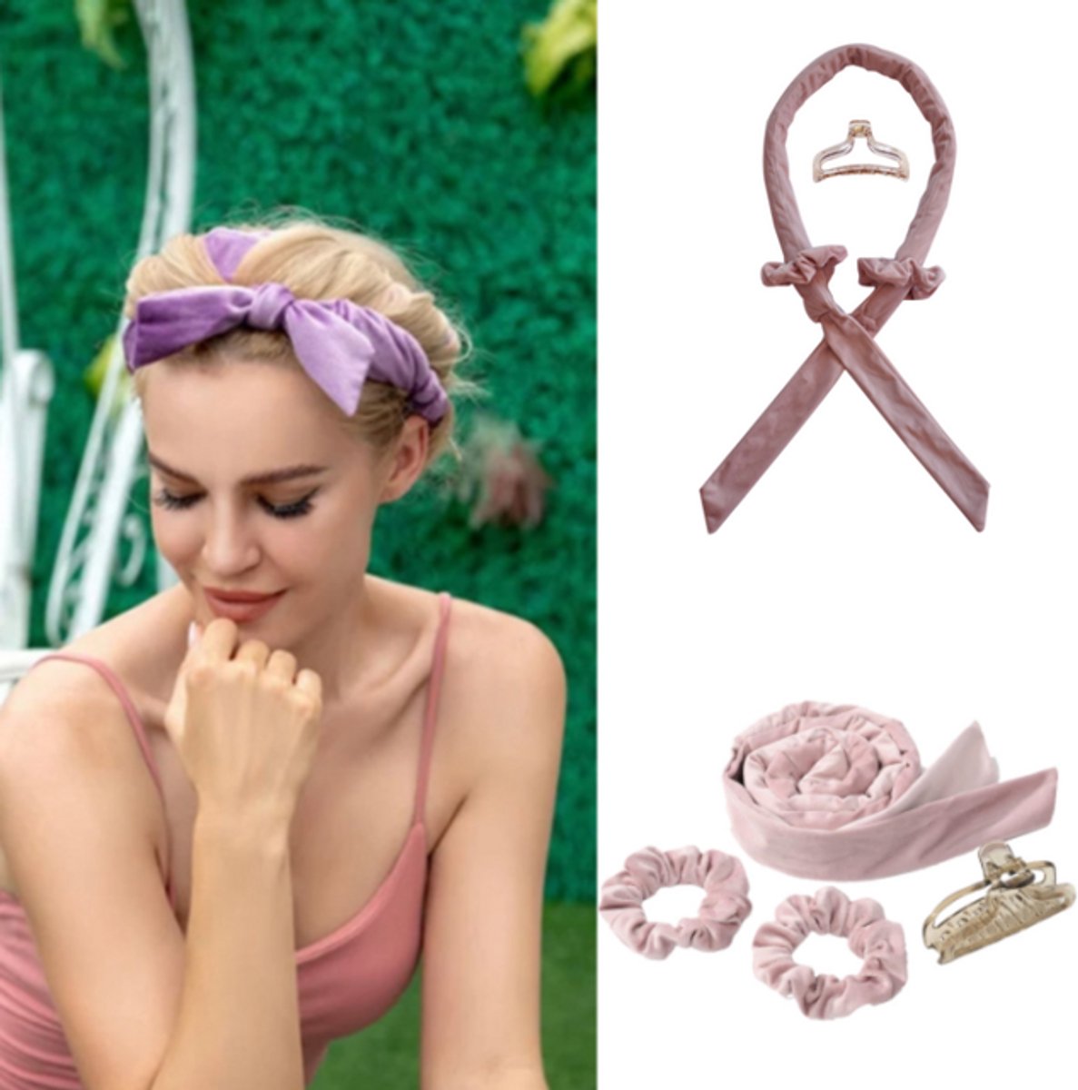 4-delige hittevrije krulset - Heatless Curls - Haarrollers - Krultang - Met haarelastiekjes en clips - Flanel - Roze