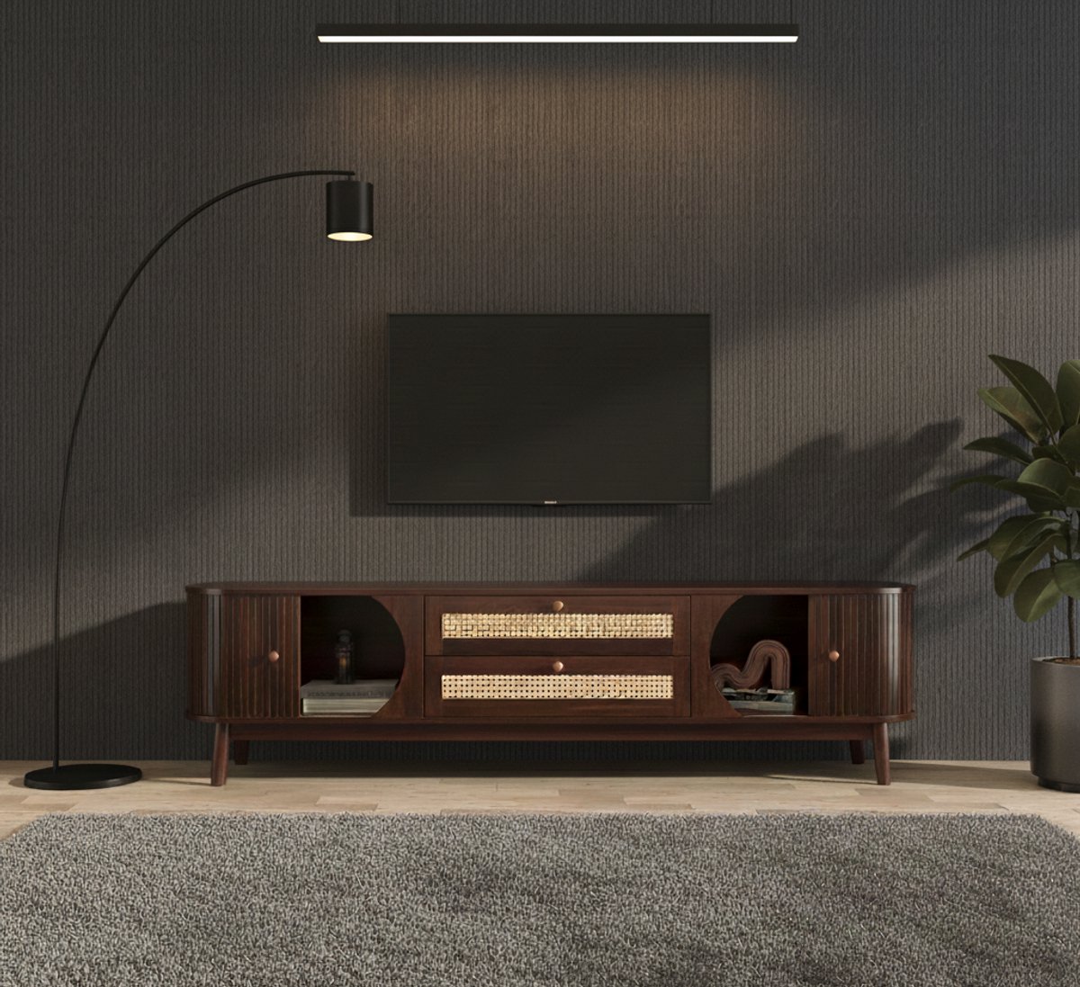 TV Meubel Rattan 170 cm met Deuren en Lades – Landelijk & Modern Lowboard voor TV tot 75 Inch – Houtkleur – House&Garden