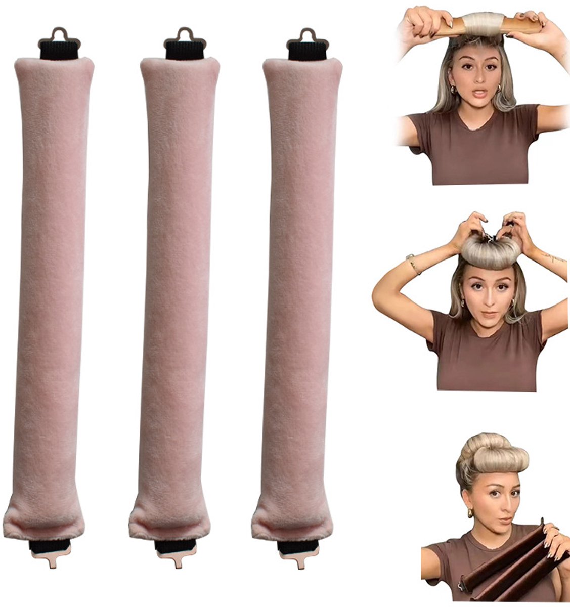 3-delige hittevrije haarkrullerset - Heatless Curls - Haarkruller - Krultool - Stoffen - Roze