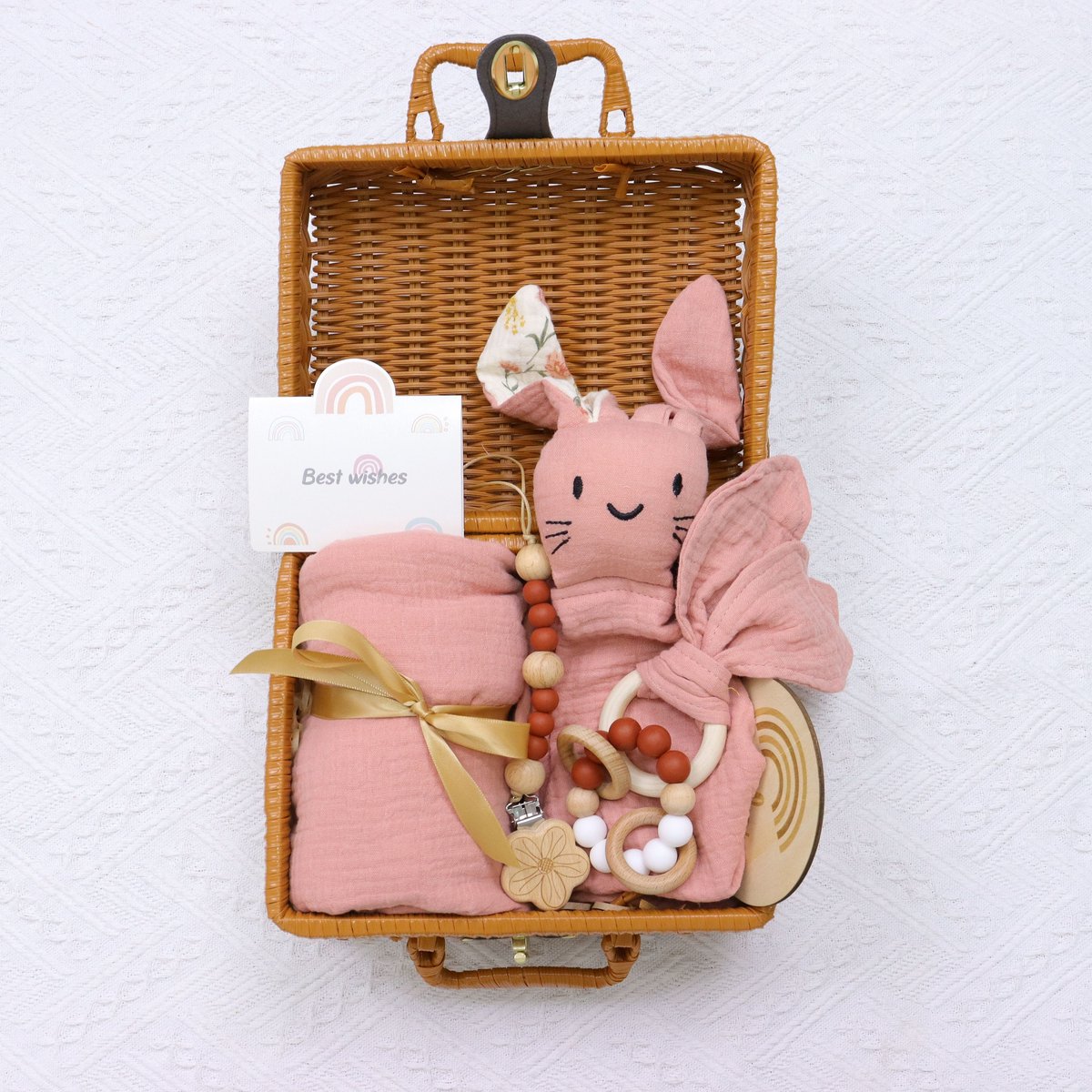 Luxe Baby Cadeauset – Rotan koffer met Hydrofiele TetraDoek, Knuffeldoekje & Bijtring – Kraamcadeau – Roze