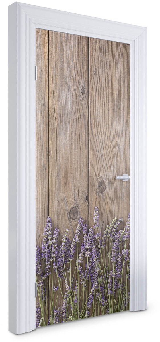 Wallfluent Deursticker - Lavendel op hout Deurfolie - 85 x 205 cm - Bruin Deur plakfolie - Moderne Deur Sticker - Imitatietextuur Deurbehang Sticker - Deursticker voor de Badkamer - Deur Sticker