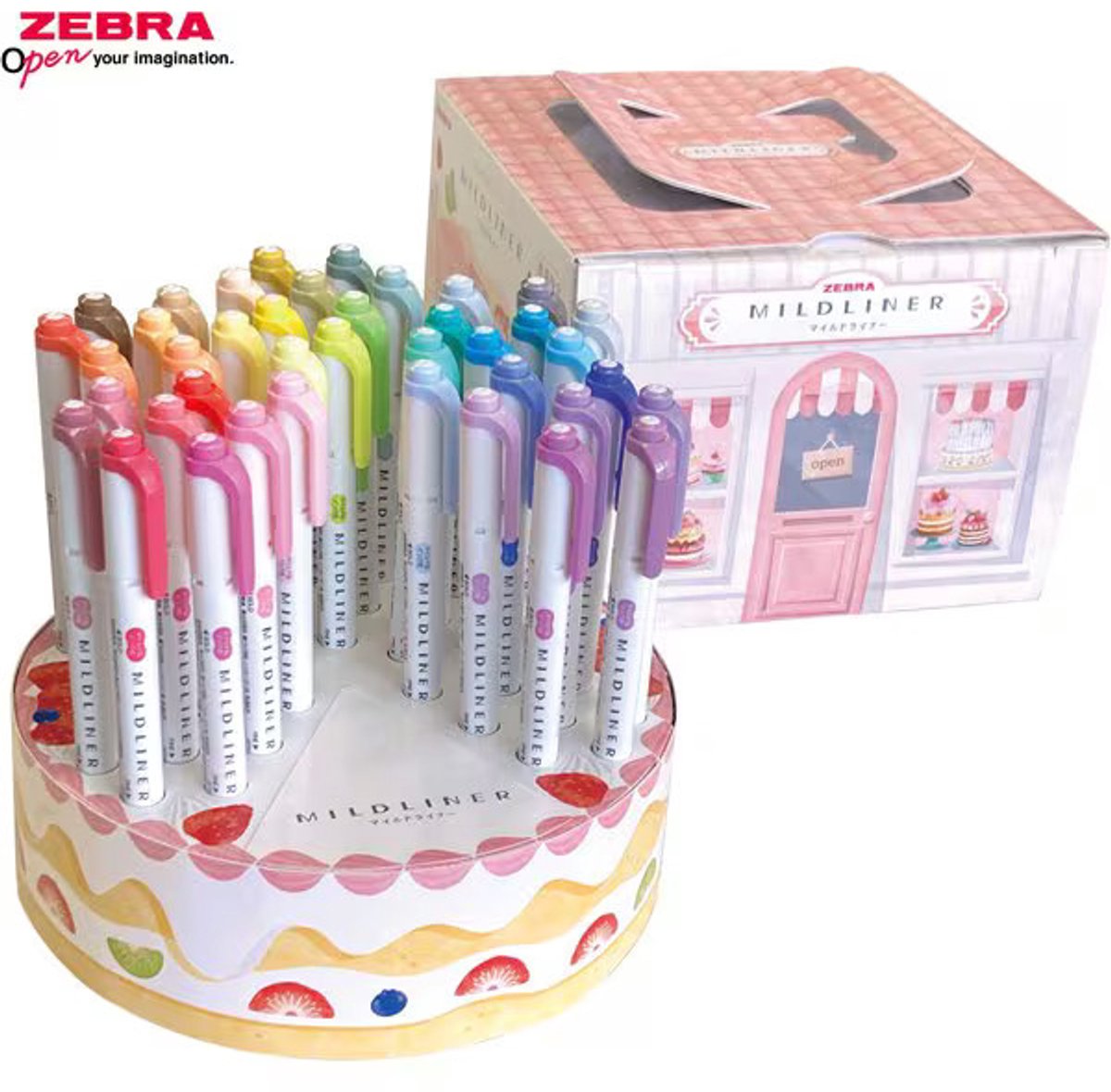 Zebra Mild Liners 40 Stuks Limited Edition Cake-vormige Pennenstandaard Set # WKT7-40-CAKE + EXTRA een Set van 5 Zebra Brushpennen