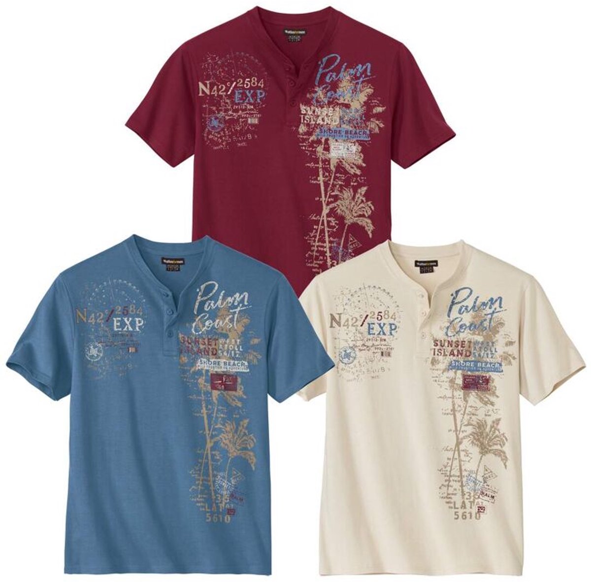 ATLAS FOR MEN - Set van 3 T-shirts met knopenhals Capri - Heren - Verkrijgbaar in grote maten - L
