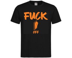 T-shirt Unisex Volwassenen Lol - Festival - carnaval - Koning Koningsdag - feestje - grappig - grappige tekst - Weekend - Tekst - "Fuck Off" met schakelaar | korte mouw | Zwart/oranje | maat S