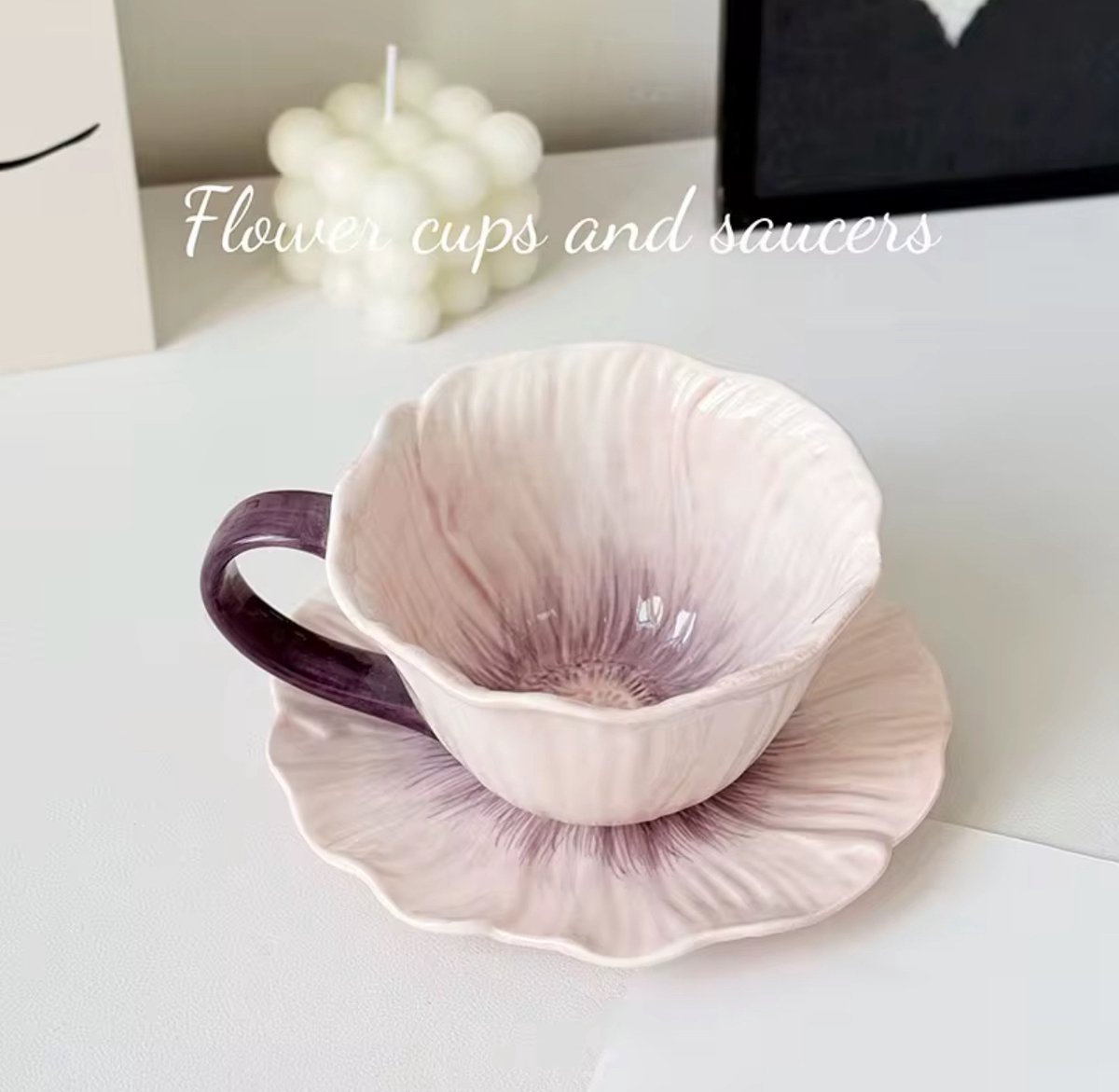 Keramische Bloemvormige Kop & Schotel – Handgemaakt - 250 ml - Roze