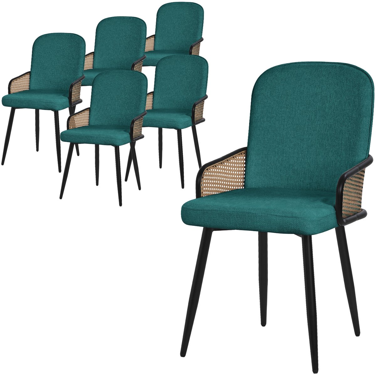 ml-design eetkamerstoelen set van 6 benzine gestoffeerde keukenstoelen met armleuningen en rugleuning rotanlook comfortabele ergonomische stoffen eetkamer fauteuils met metalen poten luxe lounge accentstoelen voor eettafel en woonkamer Petrol
