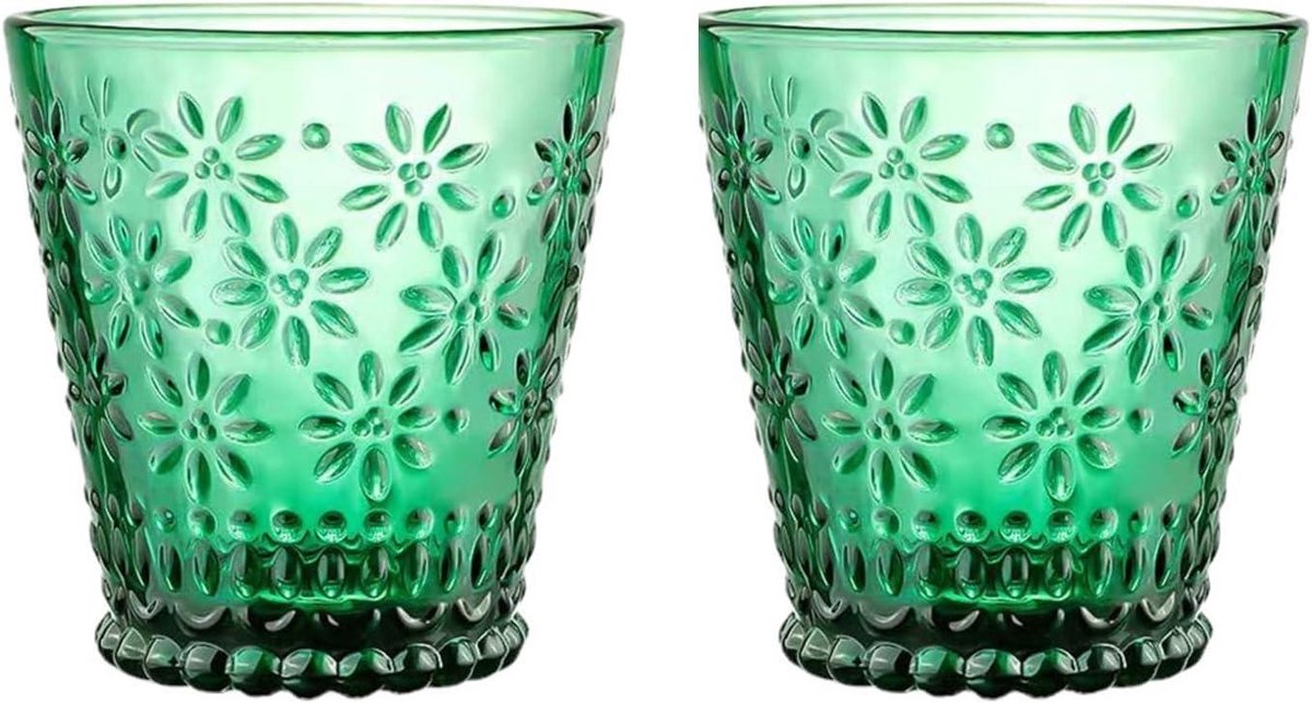 Provento - Set van 2 groene waterglazen met reliëf bloemdesign voor thee en sapdranken