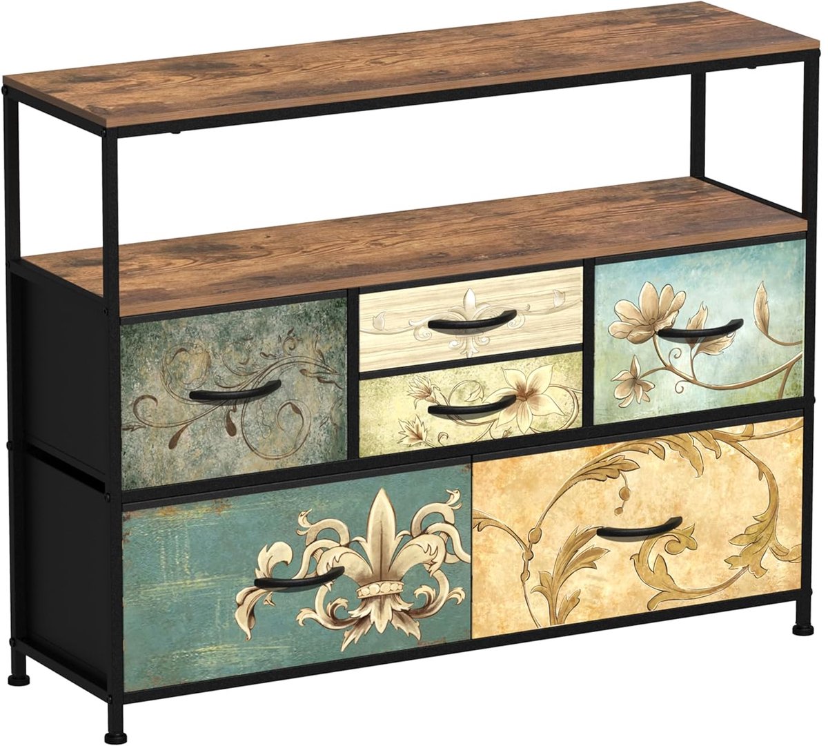 TRANKIELO® - Commode met 6 stoffen laden – Vintage stijl – Robuust ijzeren frame – Ideaal voor slaapkamer en woonkamer
