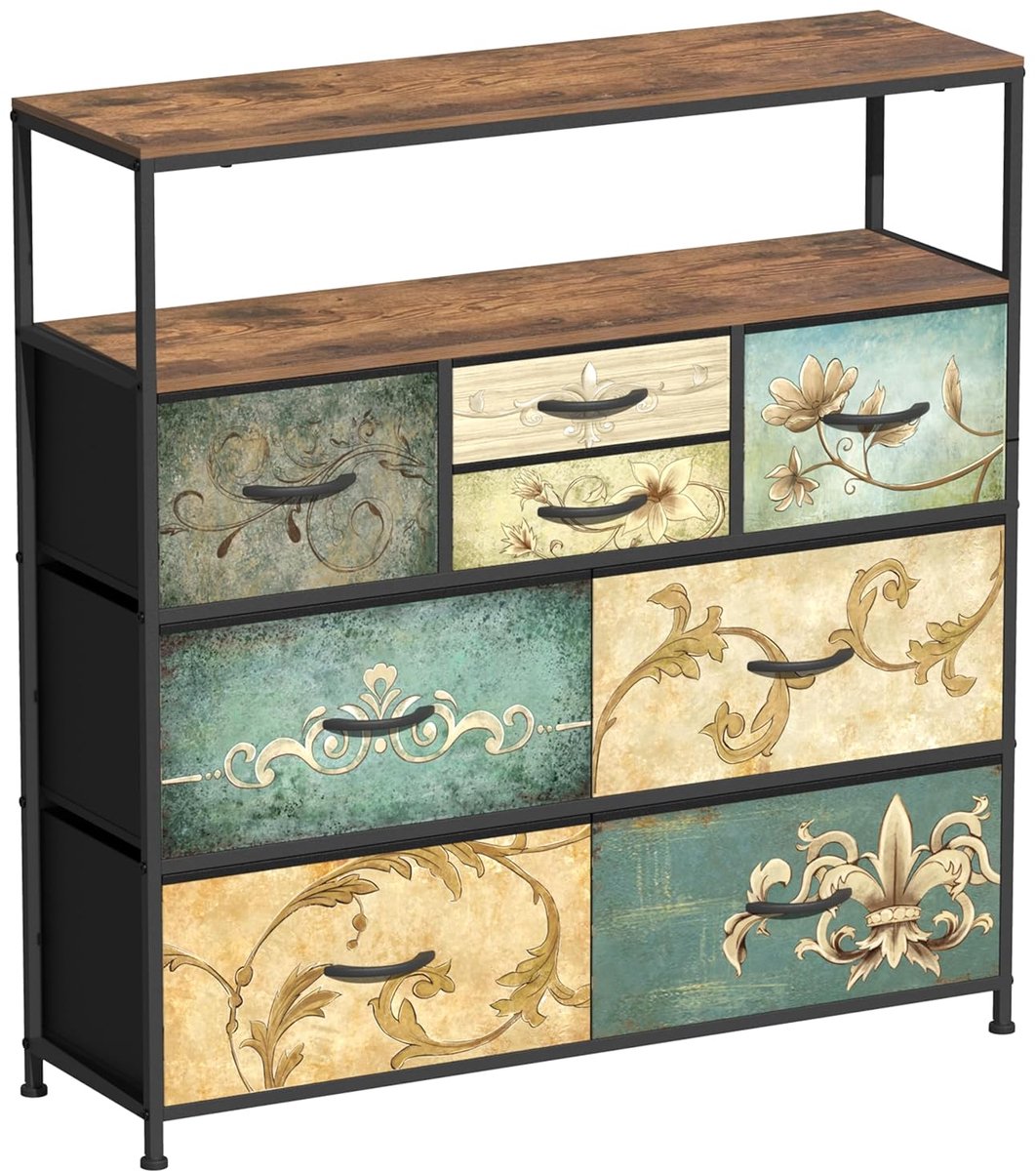 TRANKIELO® - Commode met 8 stoffen laden - Vintage stijl - Houten bovenblad - Stevig metalen frame - Ideaal voor slaapkamer en woonkamer